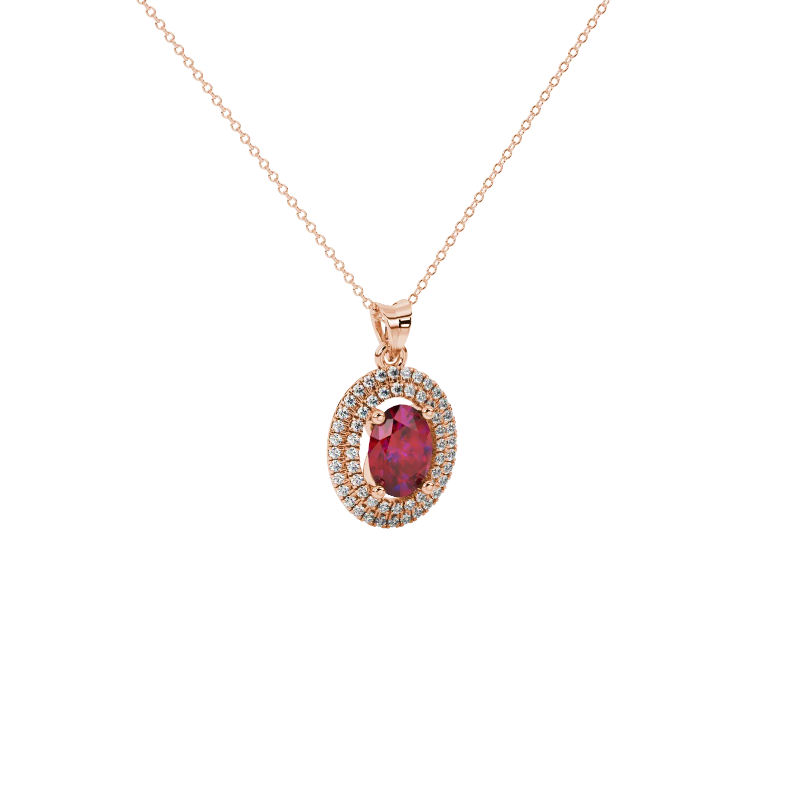 Close-up, oval cut raspberry red gemstone pendant, rose gold double halo.