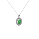 Close-up emerald green gemstone pendant, white gold falling edge halo