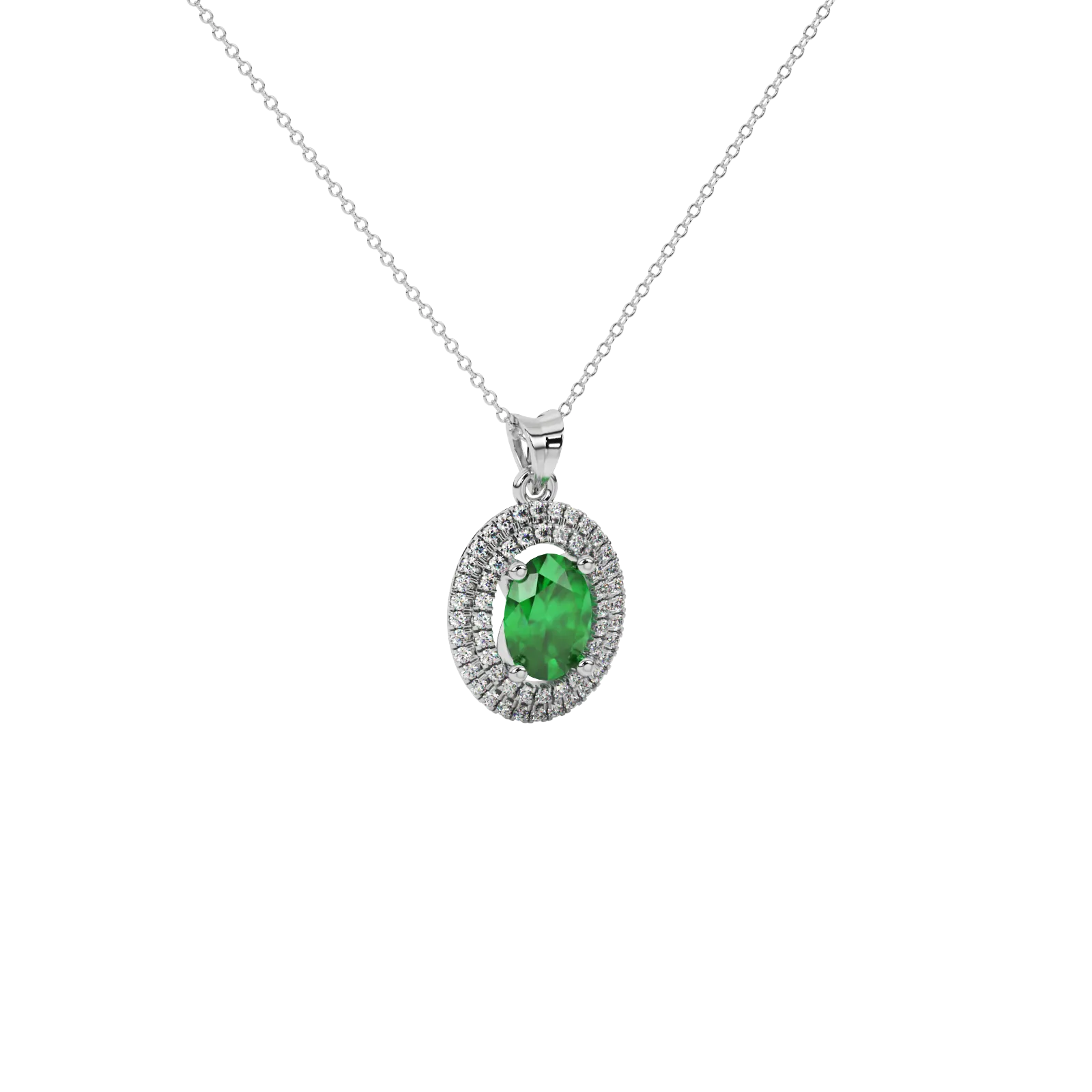 Close-up emerald green gemstone pendant, white gold falling edge halo