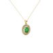 Close-up, oval cut emerald green gemstone, yellow gold falling edge halo pendant.