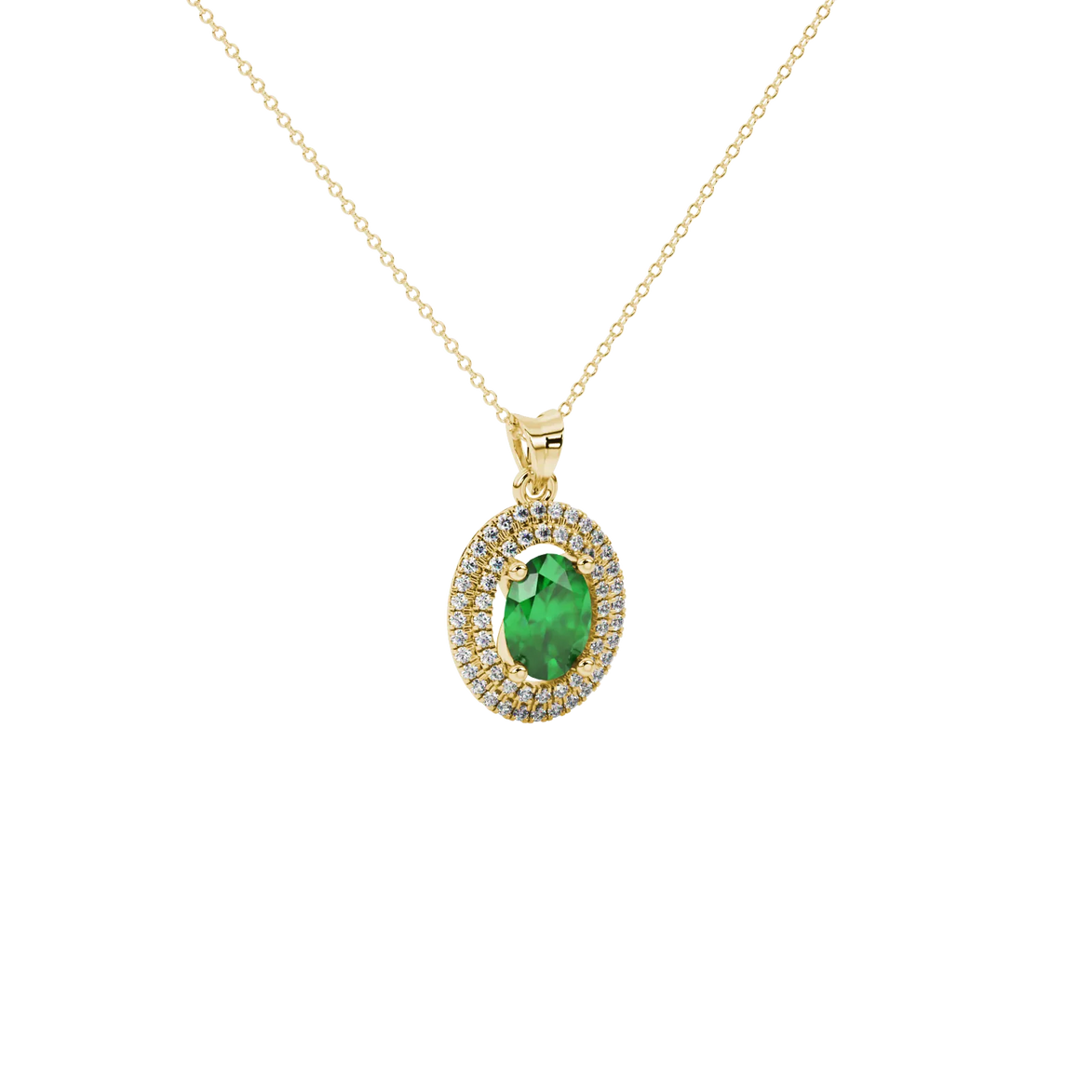 Close-up, oval cut emerald green gemstone, yellow gold falling edge halo pendant.
