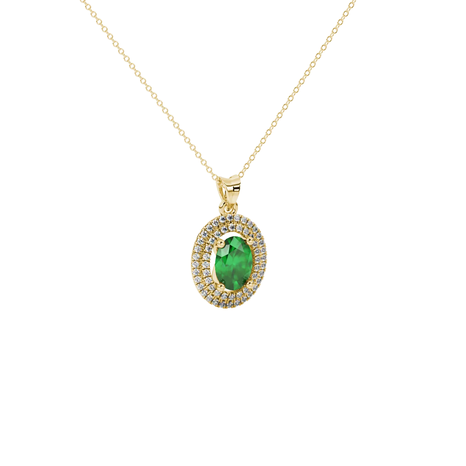 Close-up, oval cut emerald green gemstone, yellow gold falling edge halo pendant.