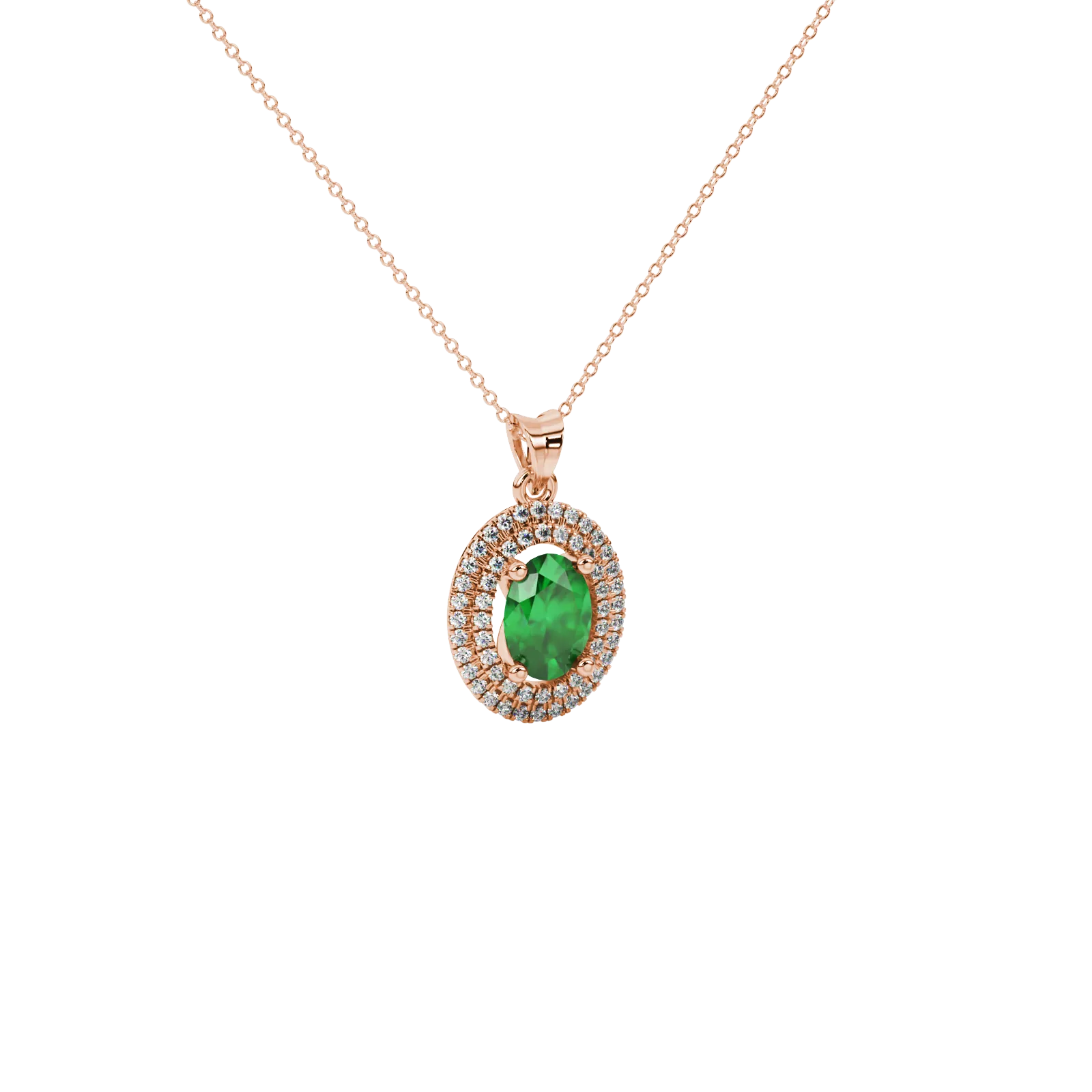Close-up, oval cut emerald green gemstone pendant, rose gold double halo.