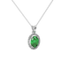Close-up emerald green gemstone pendant, white gold french pavé halo.