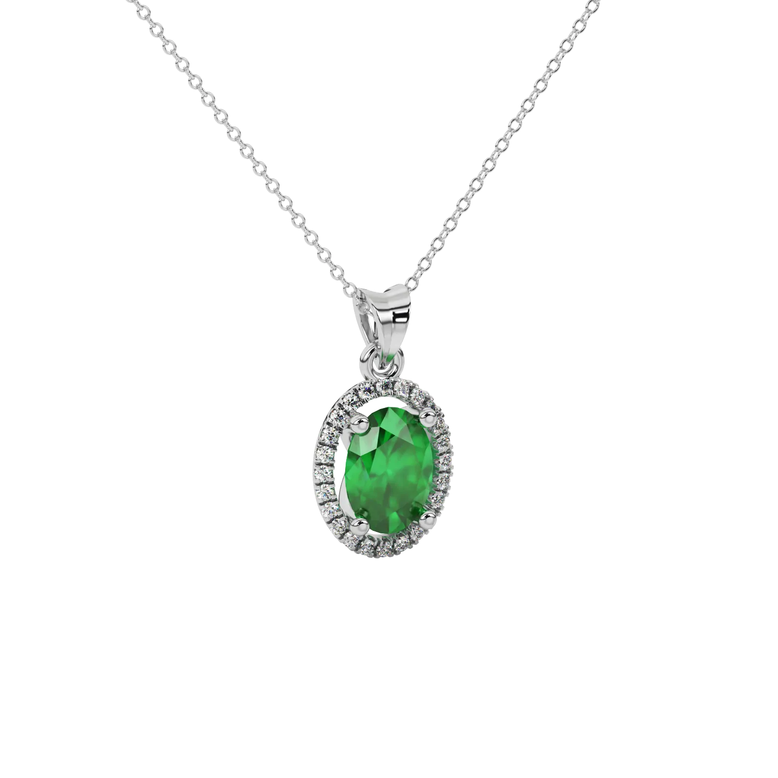 Close-up emerald green gemstone pendant, white gold french pavé halo.