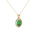 Close-up, oval cut emerald green gemstone, yellow gold french pavé halo pendant