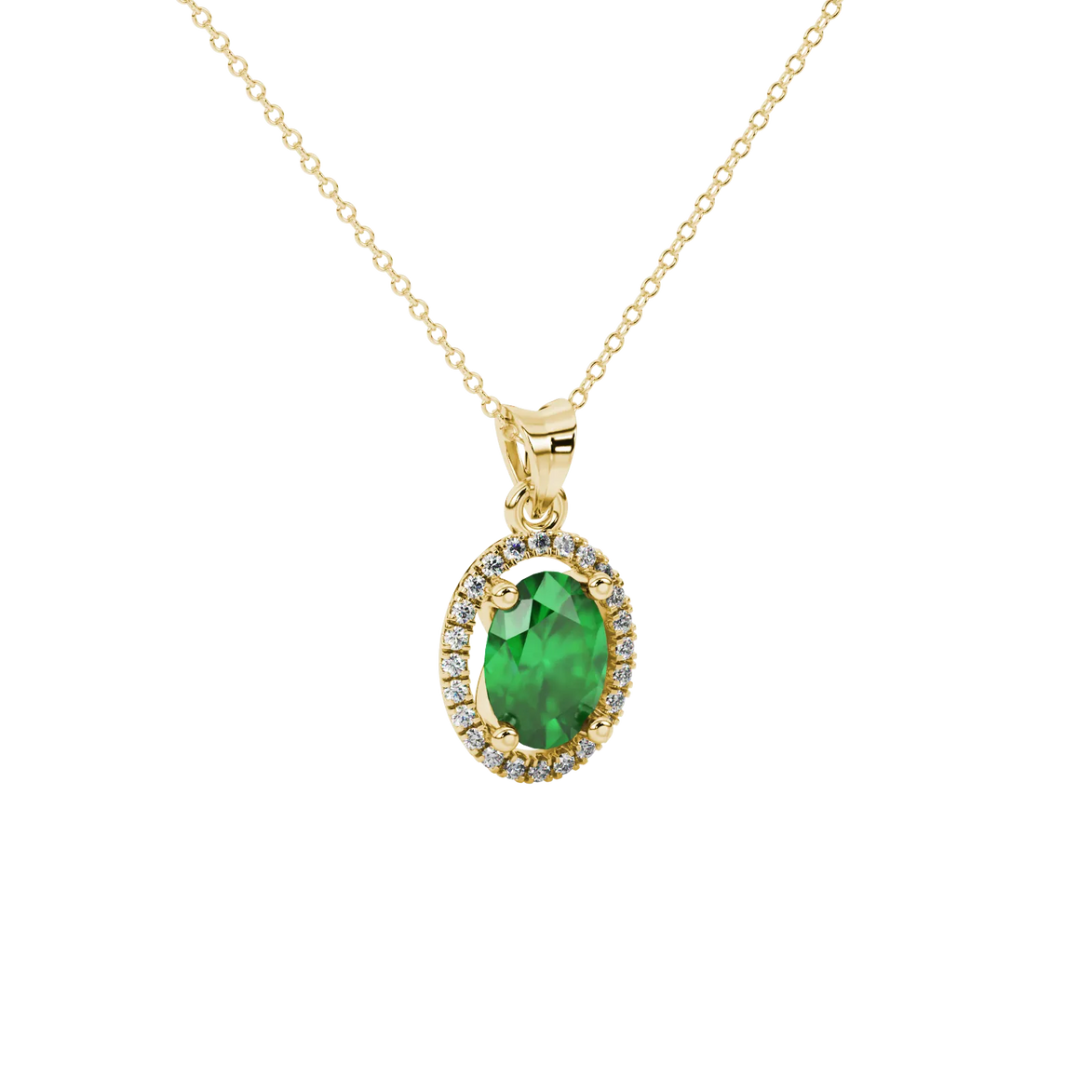 Close-up, oval cut emerald green gemstone, yellow gold french pavé halo pendant