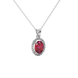 Close-up raspberry red gemstone pendant, white gold french pavé halo.