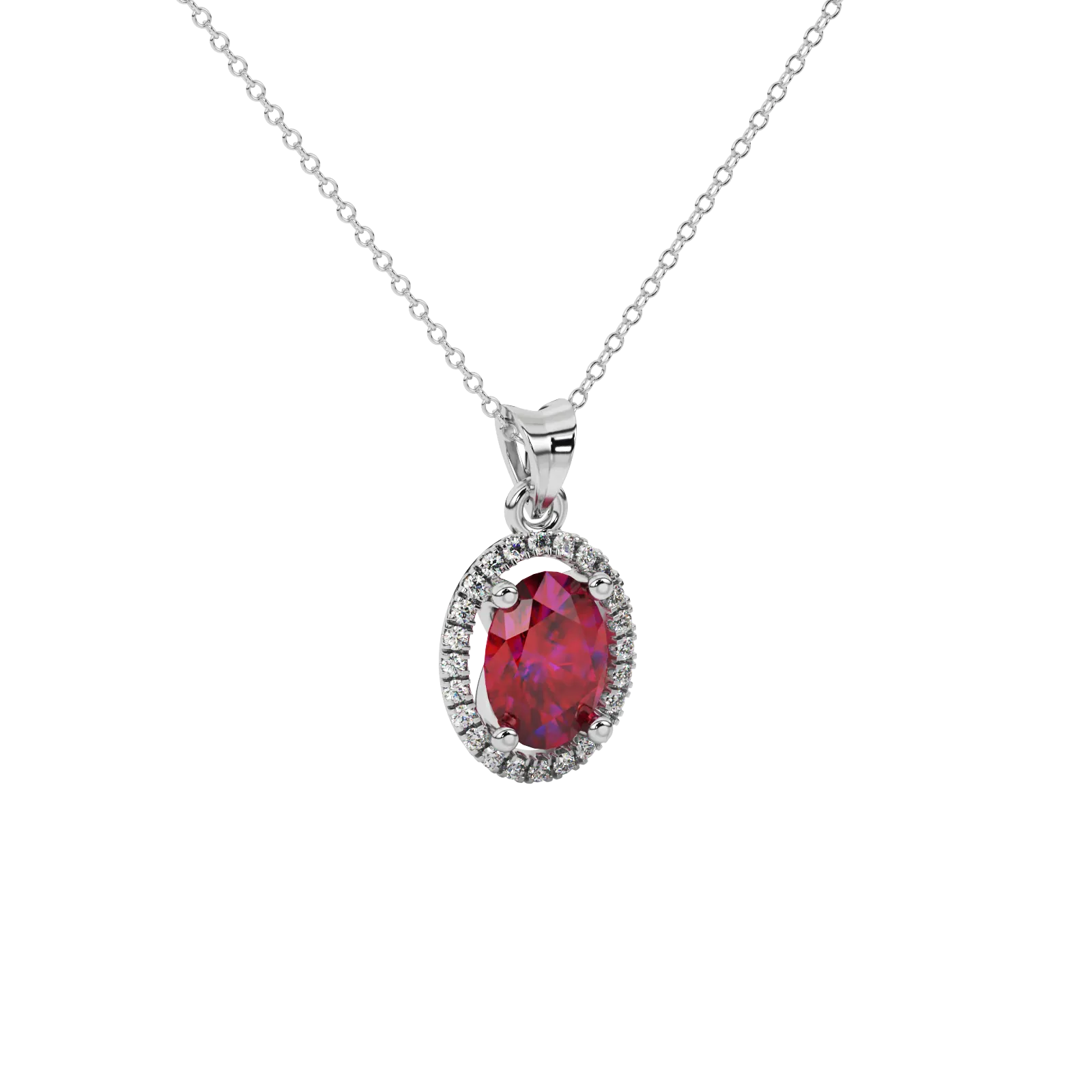 Close-up raspberry red gemstone pendant, white gold french pavé halo.
