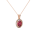 Close-up, oval cut raspberry red gemstone pendant, rose gold french pavé halo.