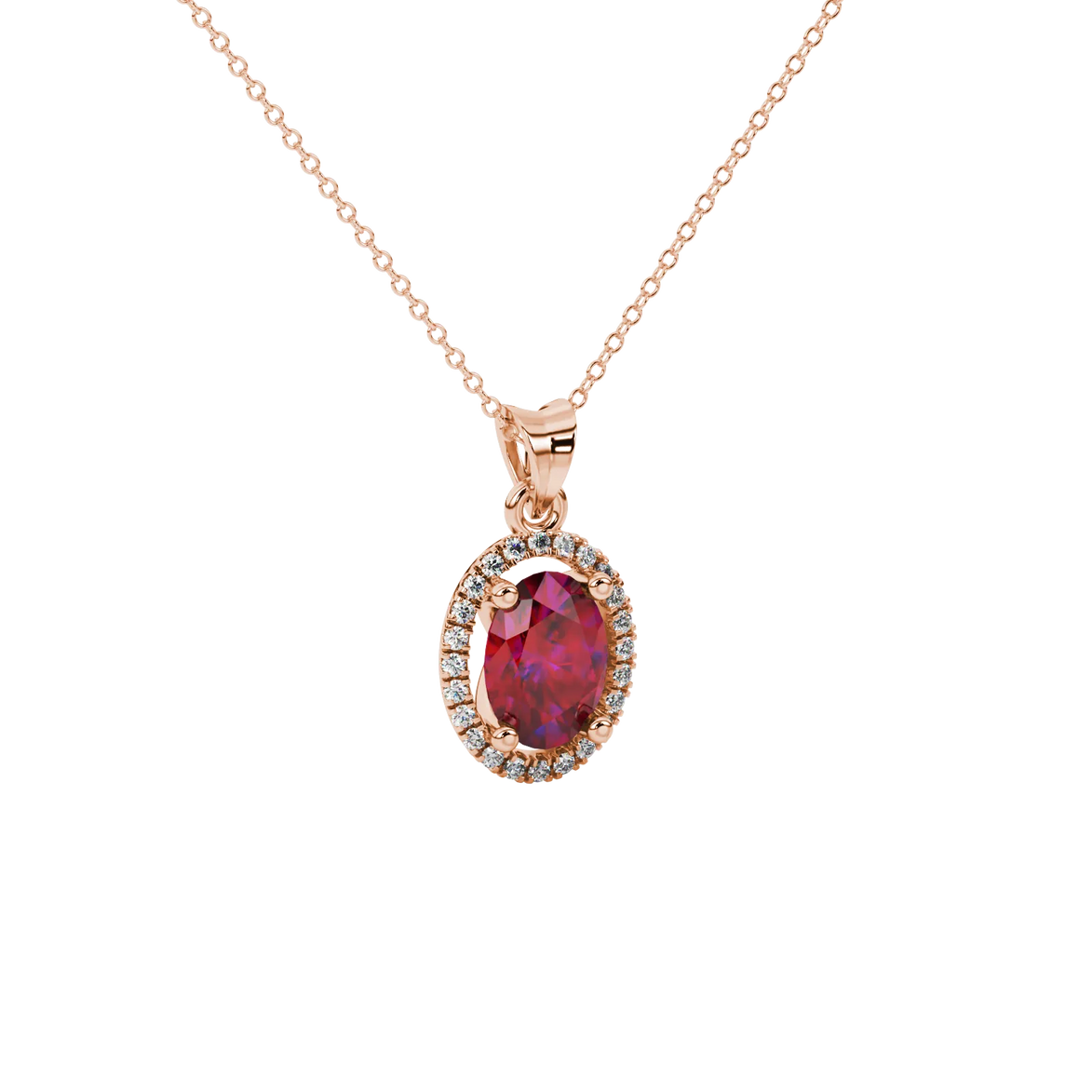 Close-up, oval cut raspberry red gemstone pendant, rose gold french pavé halo.