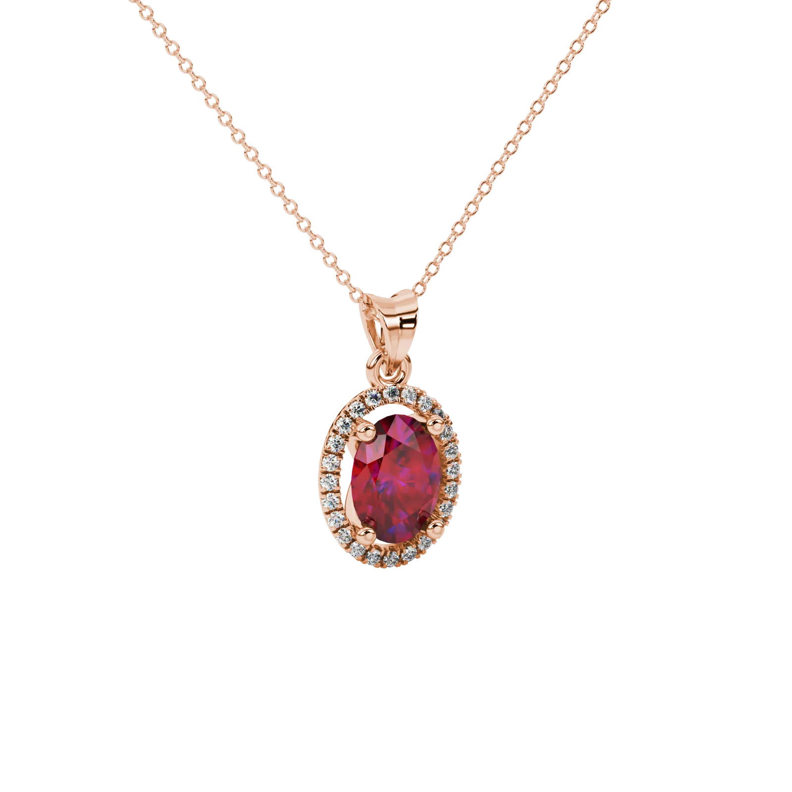 Close-up, oval cut raspberry red gemstone pendant, rose gold french pavé halo.