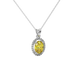 Close-up canary yellow gemstone pendant, white gold french pavé halo.