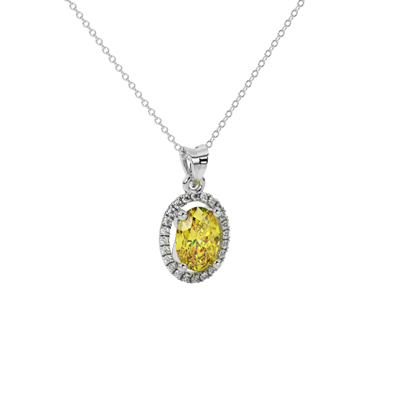 Close-up canary yellow gemstone pendant, white gold french pavé halo.