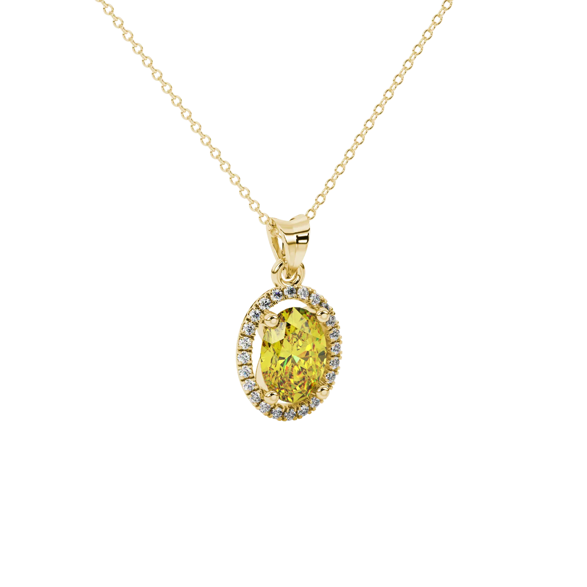 Close-up, oval cut canary yellow gemstone, yellow gold french pavé halo pendant.