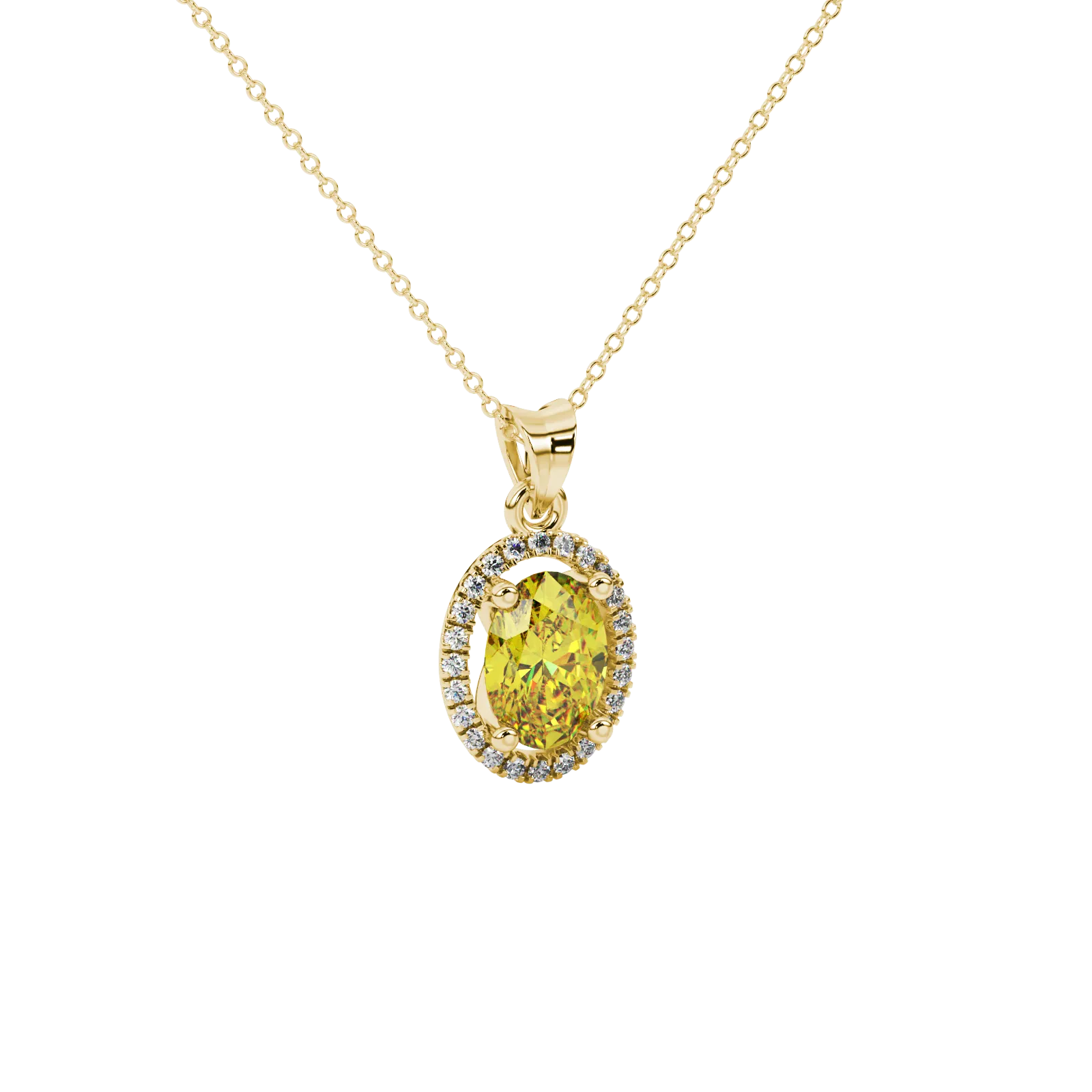 Close-up, oval cut canary yellow gemstone, yellow gold french pavé halo pendant.