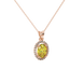 Close-up, oval cut canary yellow gemstone pendant, rose gold french pavé halo.