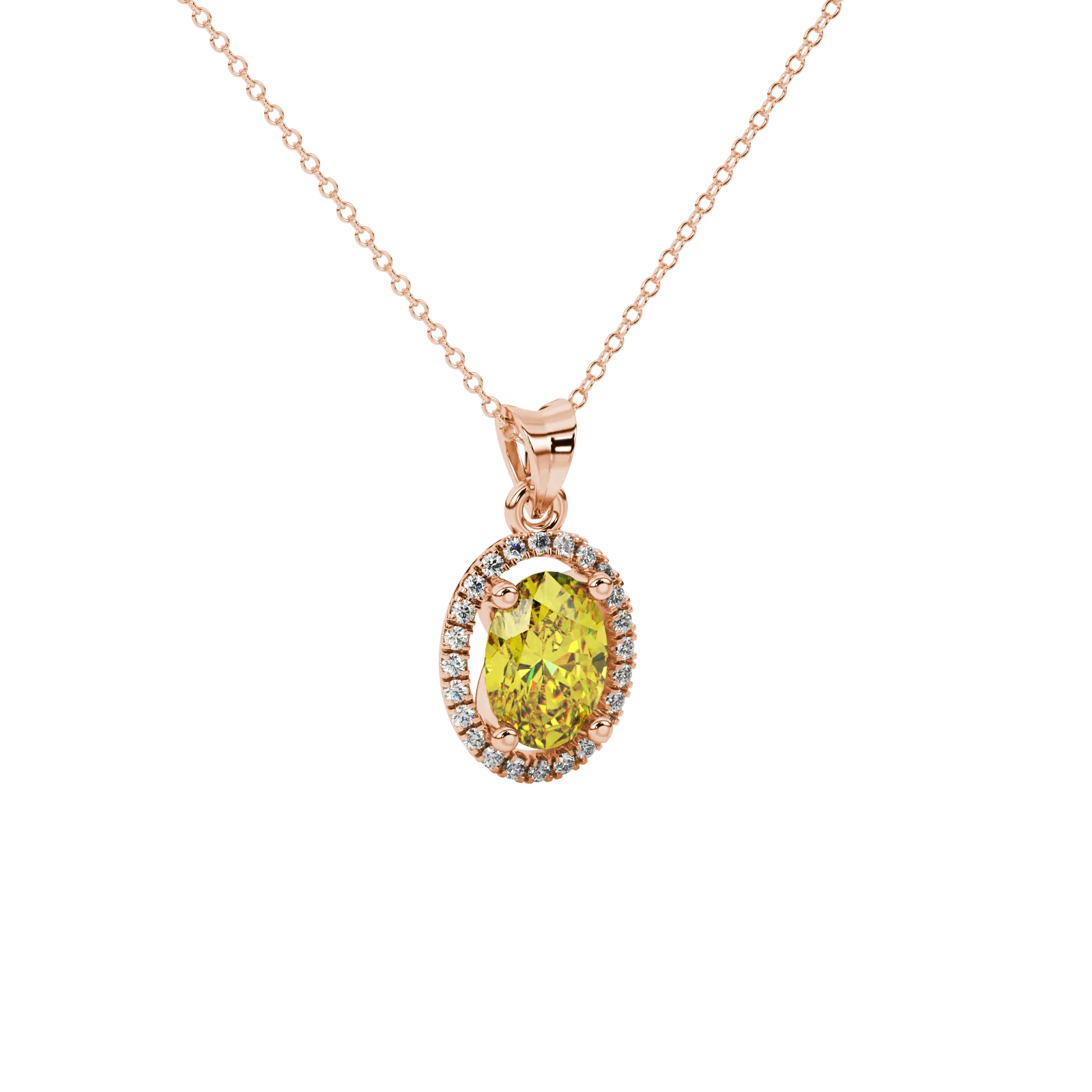 Close-up, oval cut canary yellow gemstone pendant, rose gold french pavé halo.