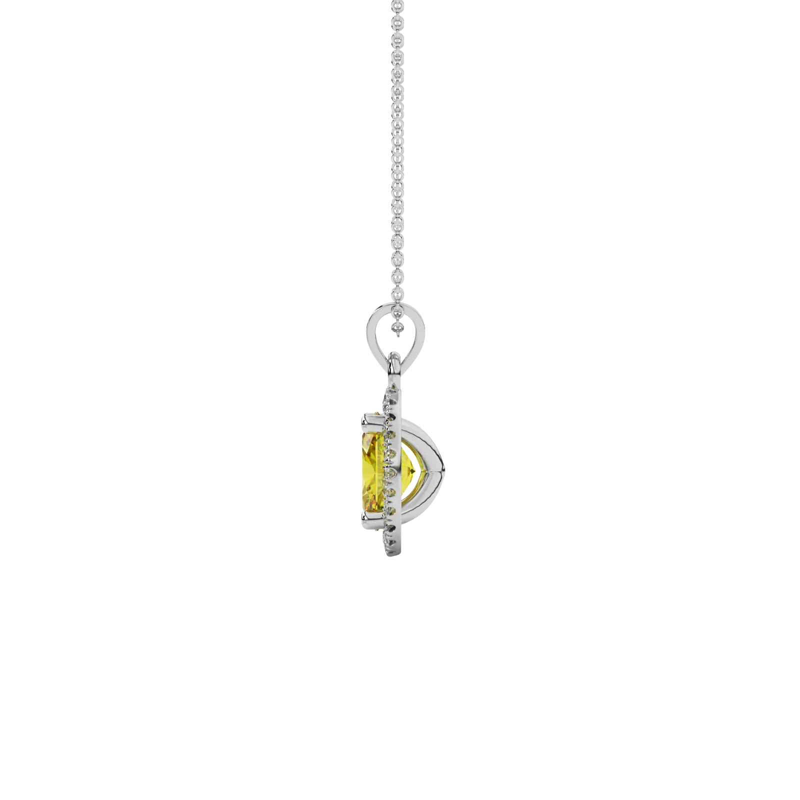 Side profile, white gold canary yellow pendant, french pavé halo gallery.