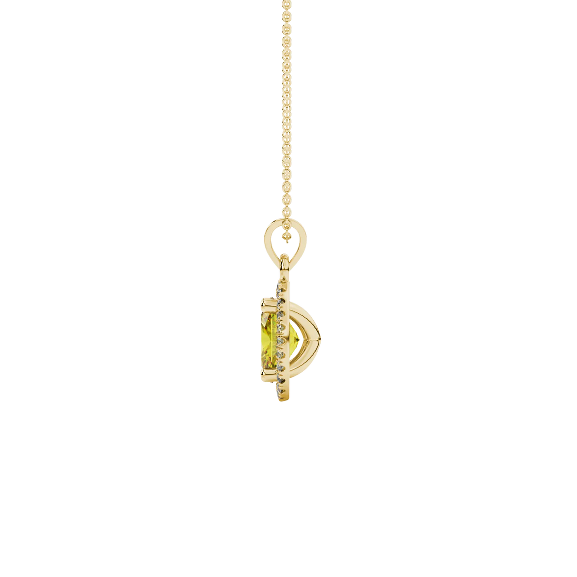 Side profile, yellow gold canary yellow pendant, french pavé halo gallery.