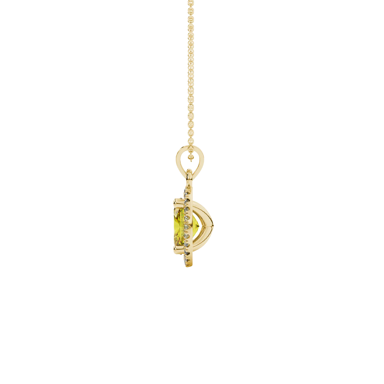 Side profile, yellow gold canary yellow pendant, french pavé halo gallery.