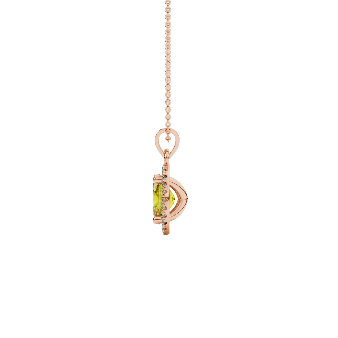 Side profile, rose gold canary yellow pendant, french pavé halo gallery.