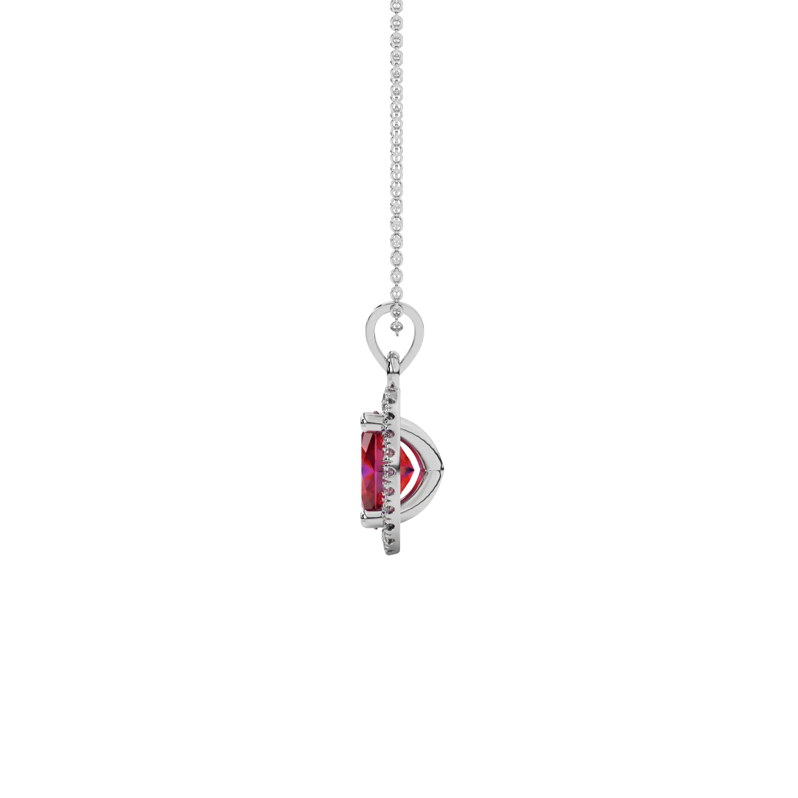 Side profile, white gold raspberry red pendant, french pavé halo gallery.
