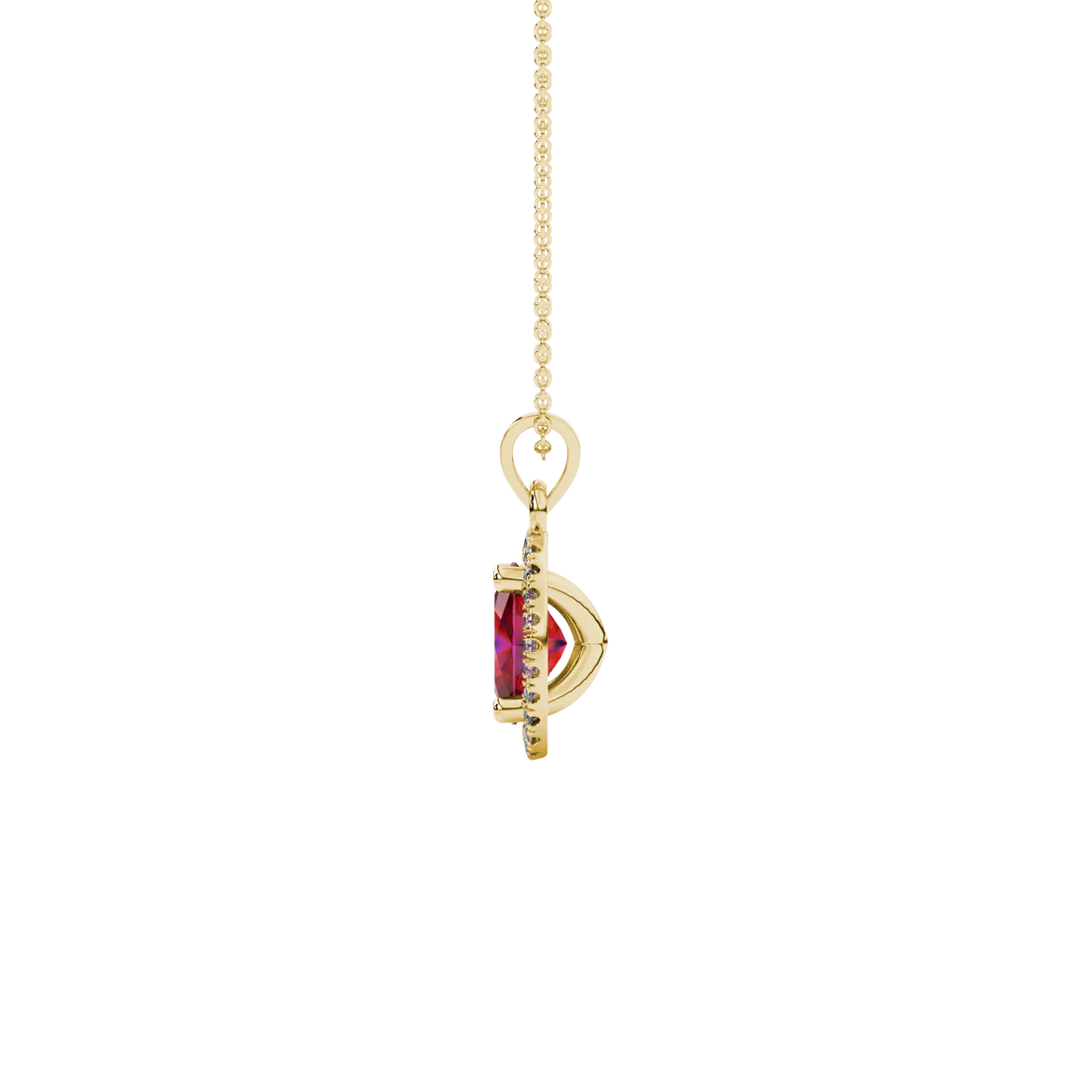 Side profile, yellow gold raspberry red pendant, french pavé halo gallery.