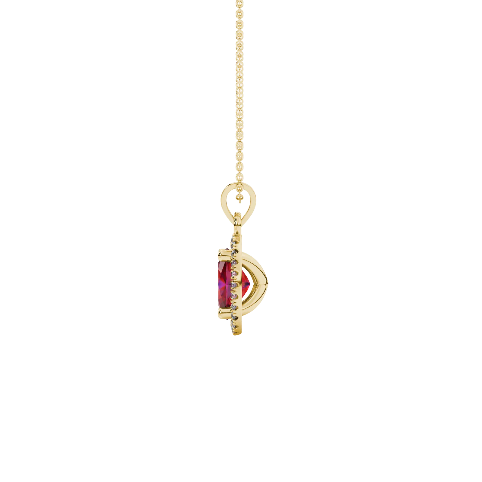 Side profile, yellow gold raspberry red pendant, french pavé halo gallery.