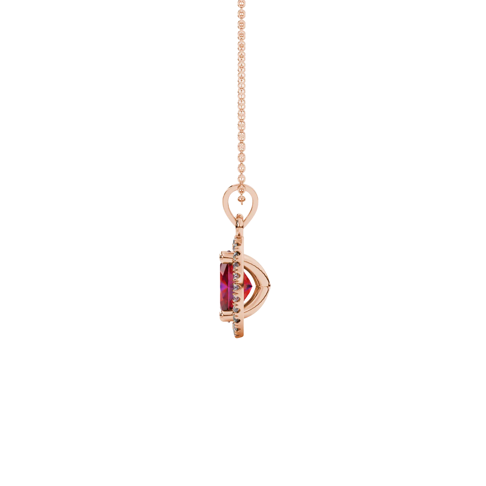Side profile, rose gold raspberry red pendant, french pavé halo gallery.