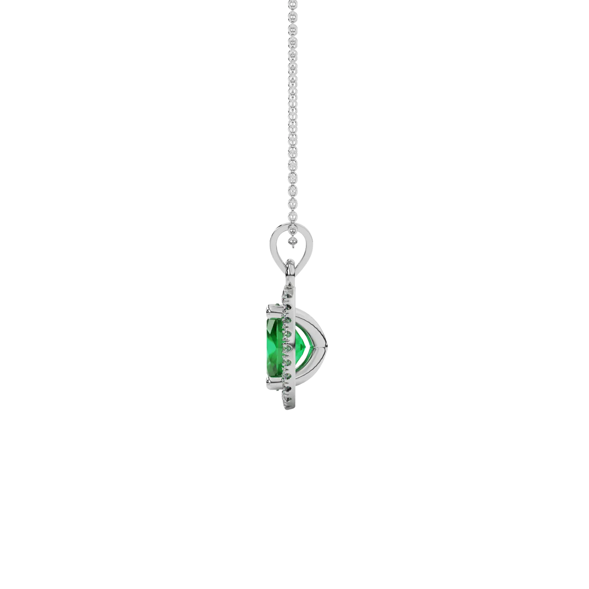 Side profile, white gold emerald green pendant, french pavé halo gallery.
