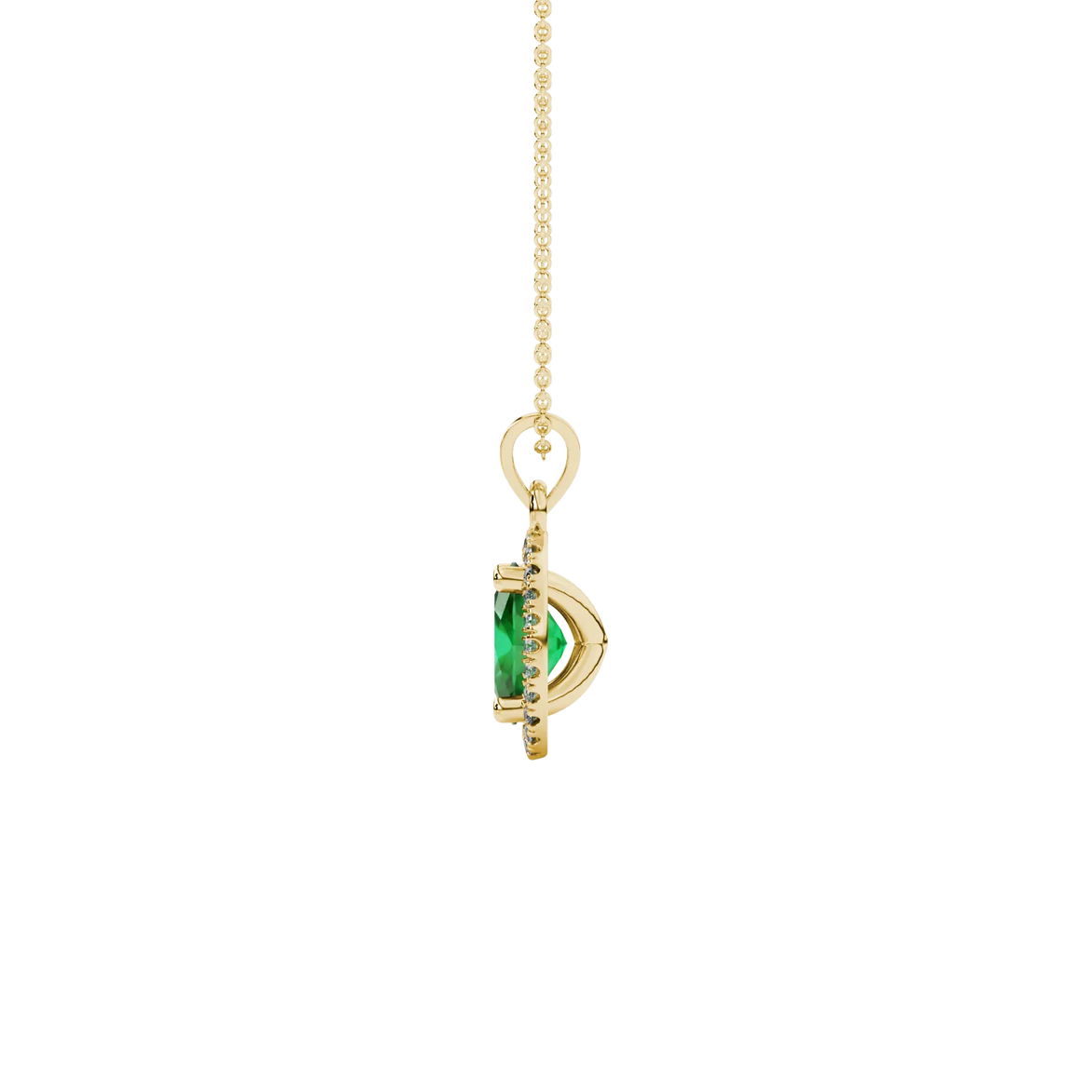 Side profile, yellow gold emerald green pendant, french pavé halo gallery.