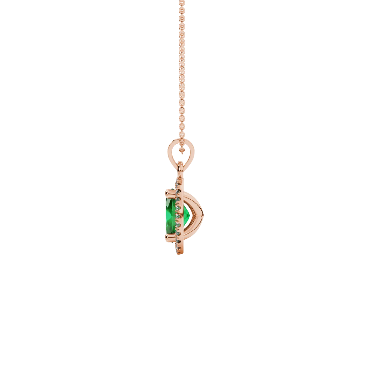 Side profile, rose gold emerald green pendant, french pavé halo gallery.