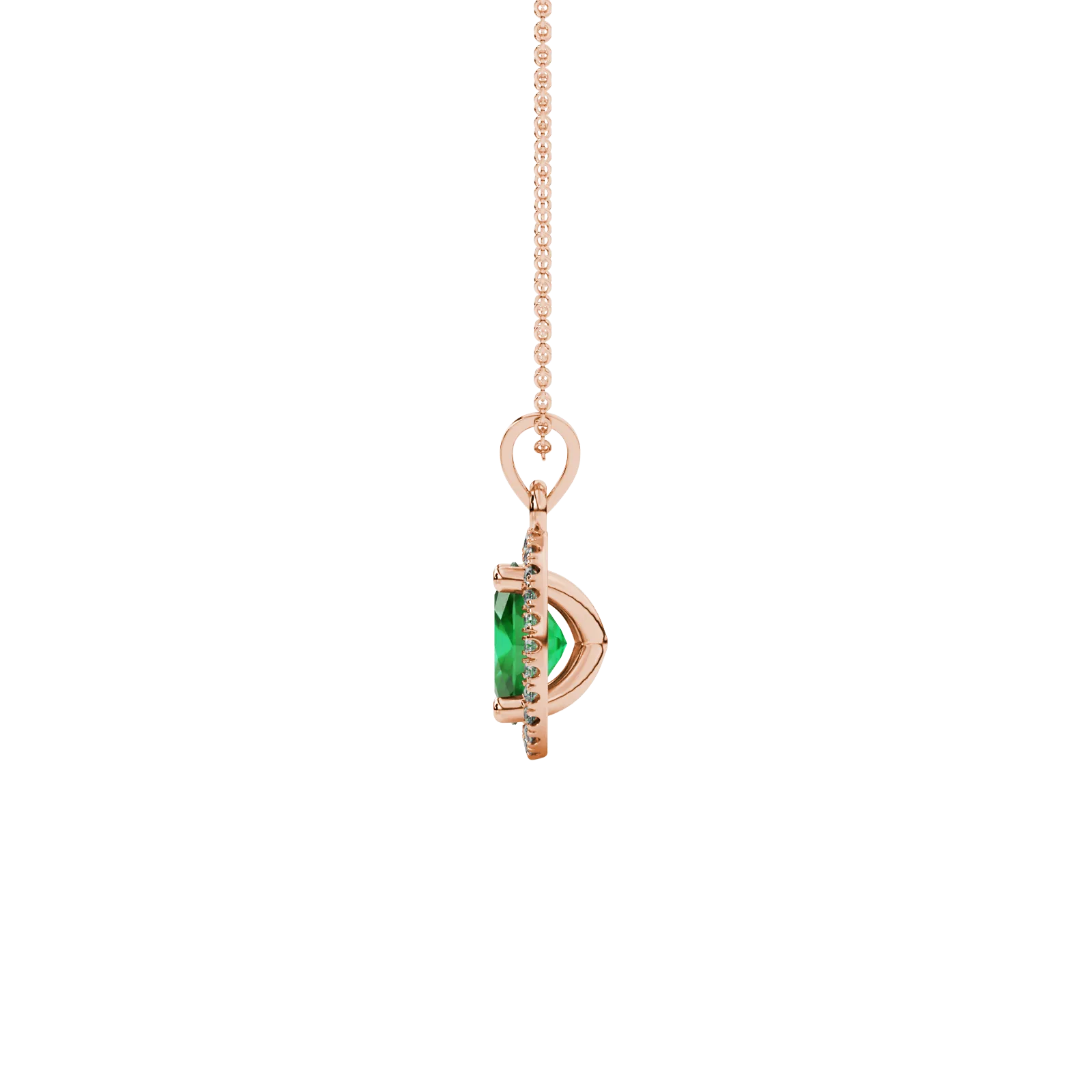 Side profile, rose gold emerald green pendant, french pavé halo gallery.