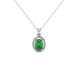 Oval cut emerald green gemstone pendant, white gold french pavé halo setting.
