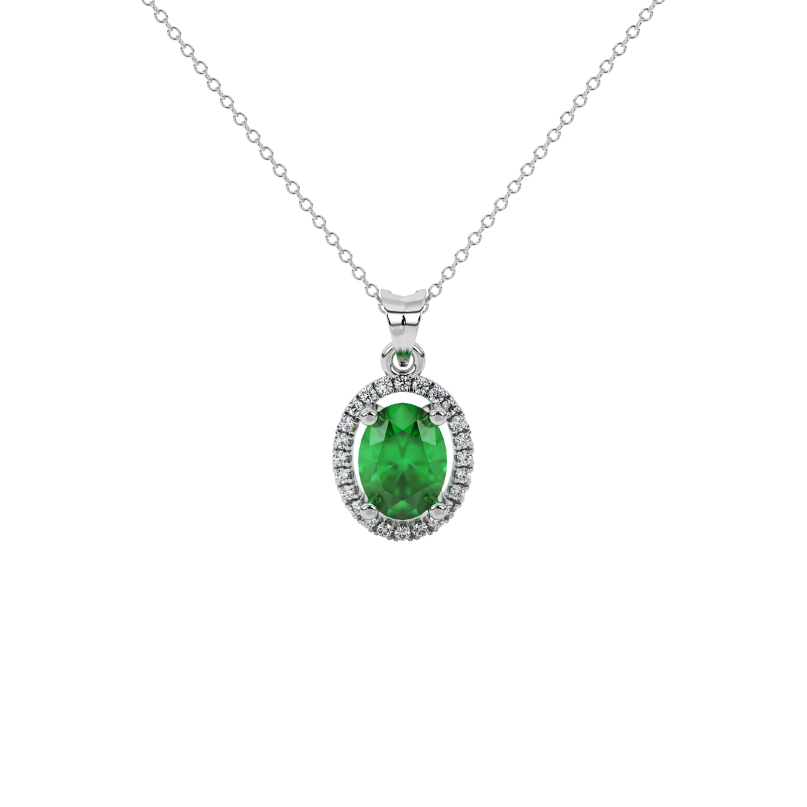 Oval cut emerald green gemstone pendant, white gold french pavé halo setting.