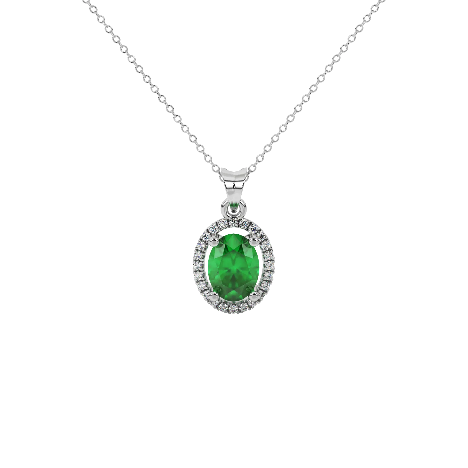 Oval cut emerald green gemstone pendant, white gold french pavé halo setting.