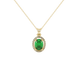 Oval cut emerald green gemstone pendant, yellow gold french pavé halo setting.
