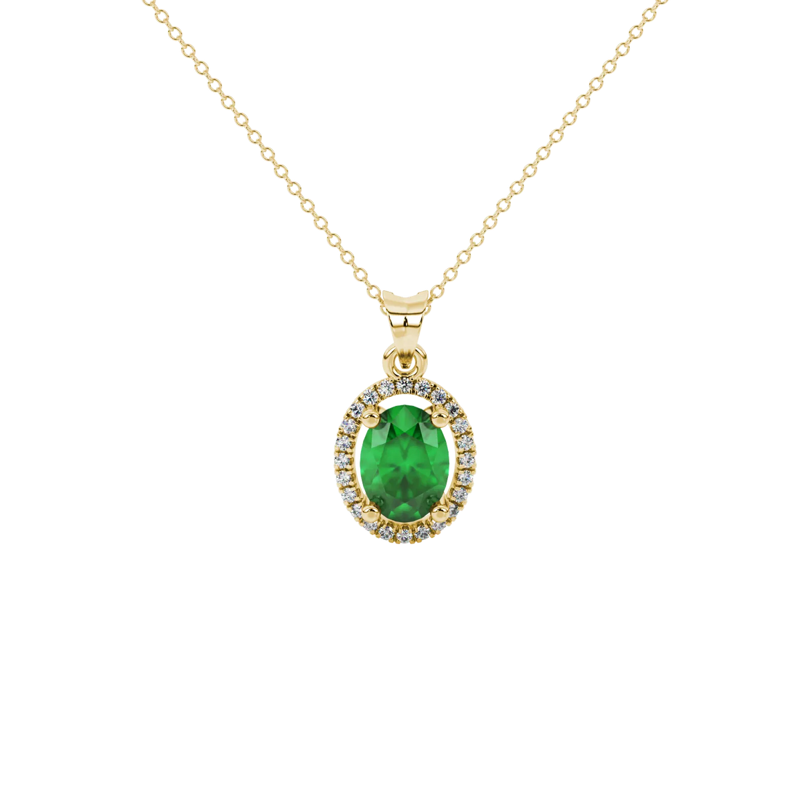Oval cut emerald green gemstone pendant, yellow gold french pavé halo setting.