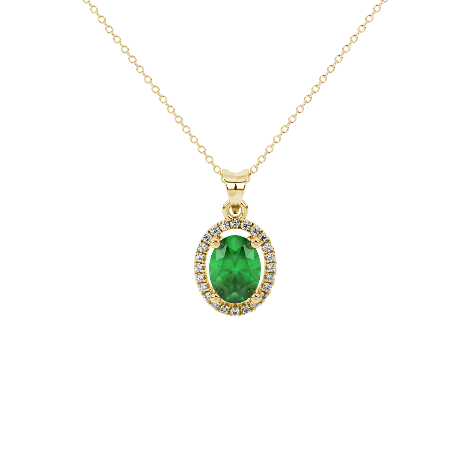 Oval cut emerald green gemstone pendant, yellow gold french pavé halo setting.