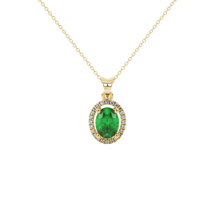 Oval cut emerald green gemstone pendant, yellow gold french pavé halo setting.