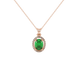 Oval cut emerald green gemstone pendant, rose gold french pavé halo setting.