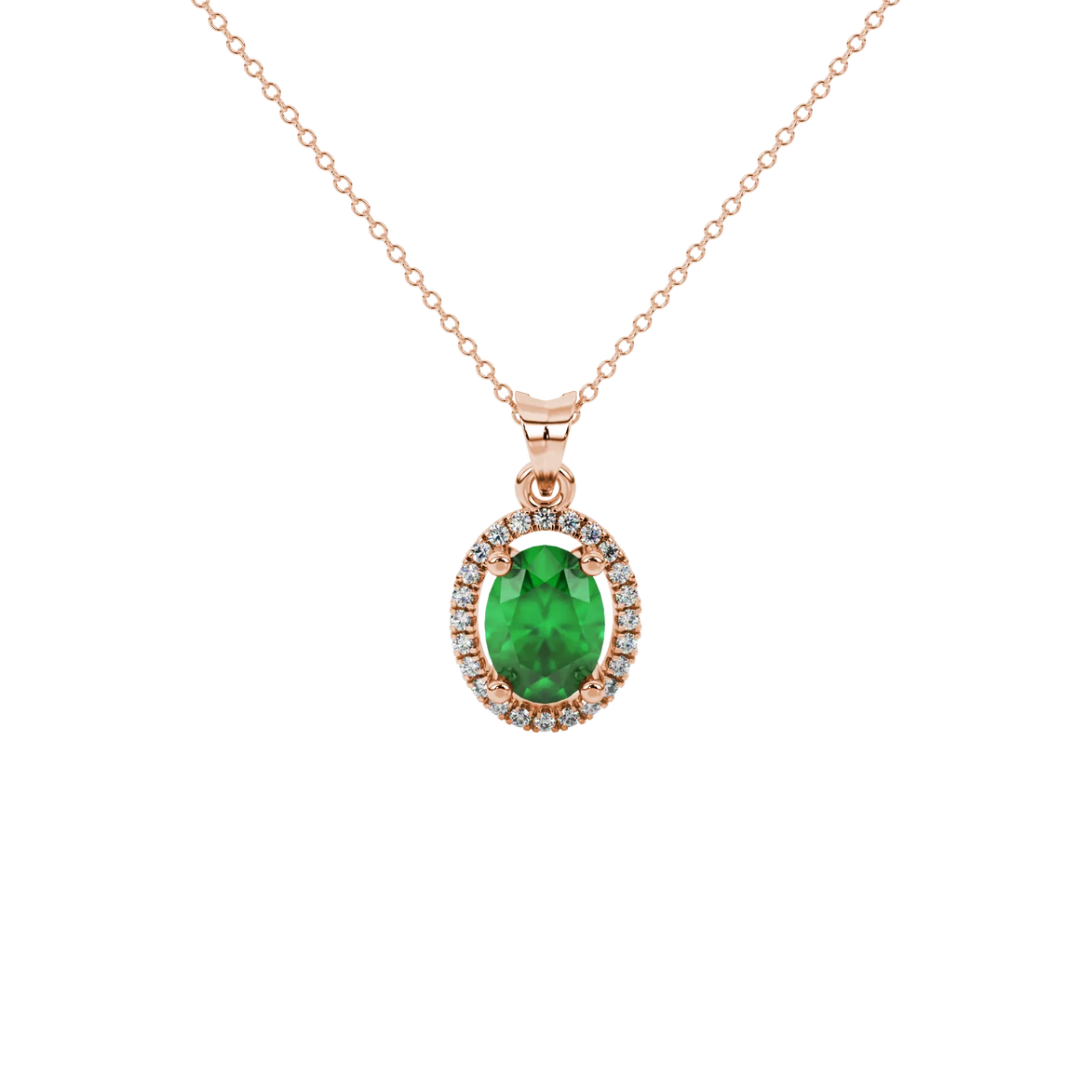 Oval cut emerald green gemstone pendant, rose gold french pavé halo setting.