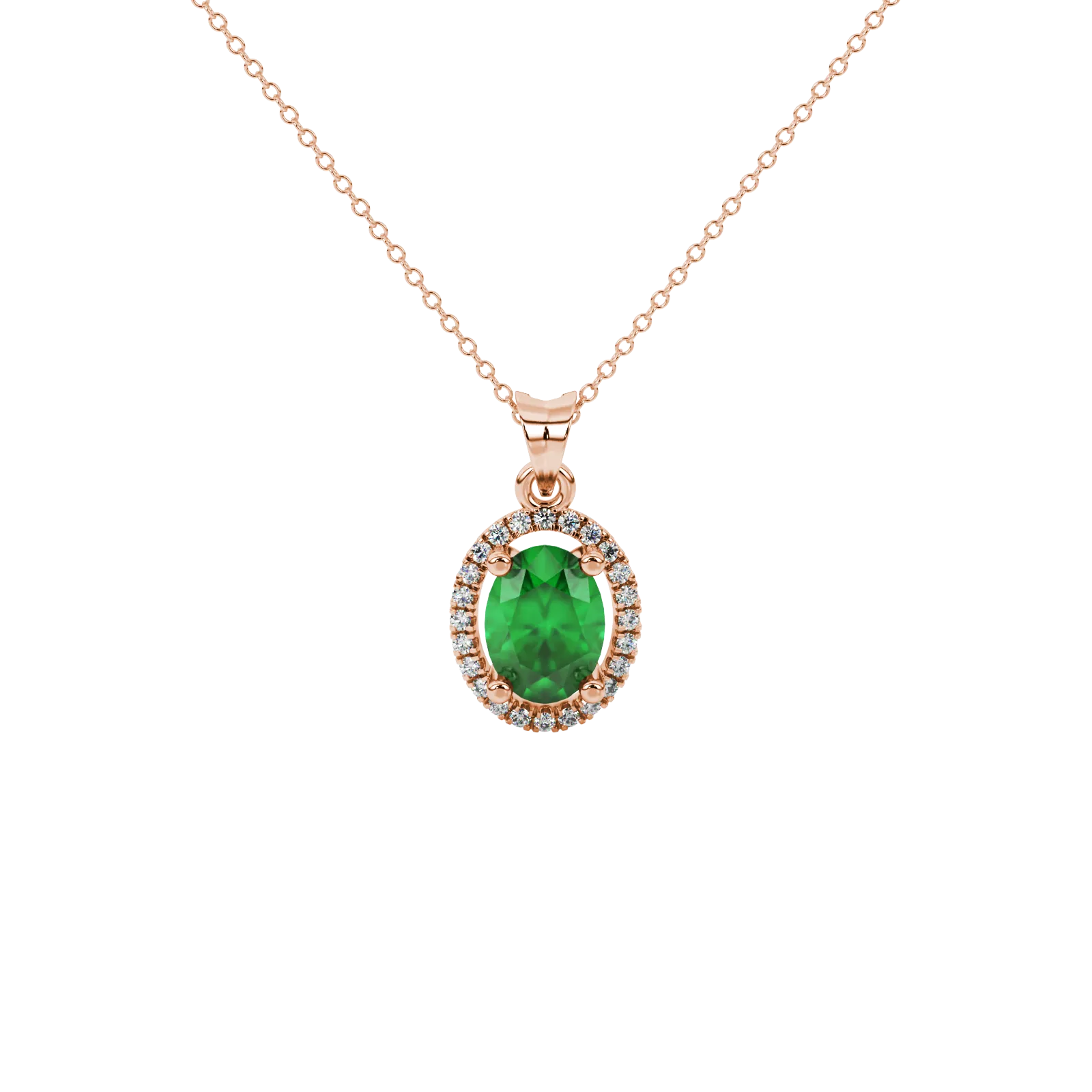 Oval cut emerald green gemstone pendant, rose gold french pavé halo setting.