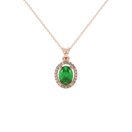 Oval cut emerald green gemstone pendant, rose gold french pavé halo setting.