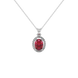 Oval cut raspberry red gemstone pendant, white gold french pavé halo setting.