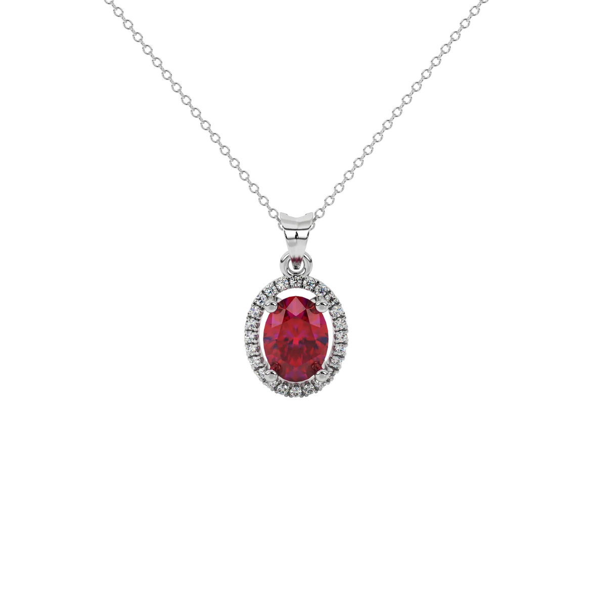 Oval cut raspberry red gemstone pendant, white gold french pavé halo setting.