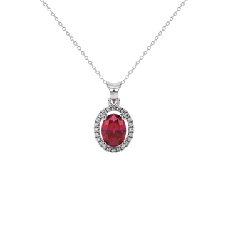 Oval cut raspberry red gemstone pendant, white gold french pavé halo setting.