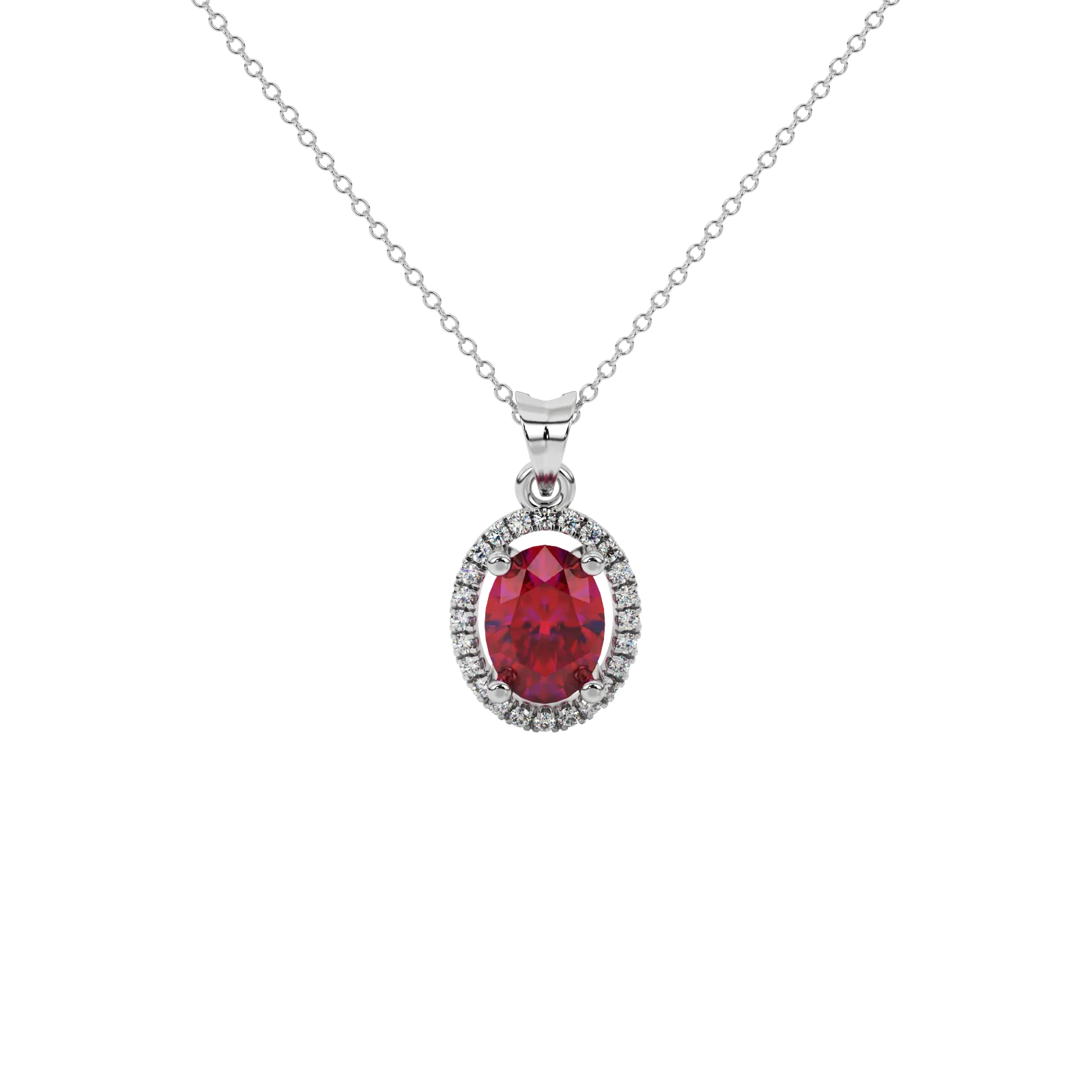 Oval cut raspberry red gemstone pendant, white gold french pavé halo setting.