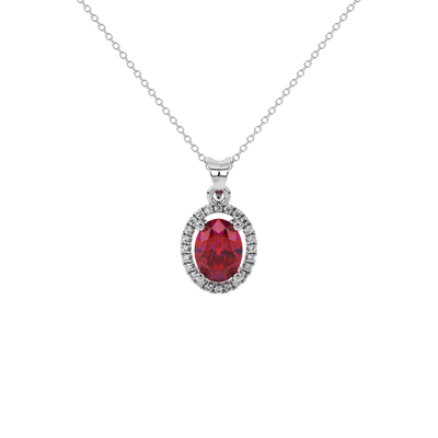 Oval cut raspberry red gemstone pendant, white gold french pavé halo setting.